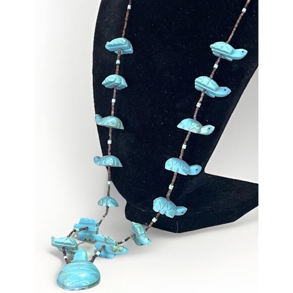 Native American Zuni Turquoise Turtle Multi Animal Fetish Heishi Shell Necklace - Picture 2 of 14